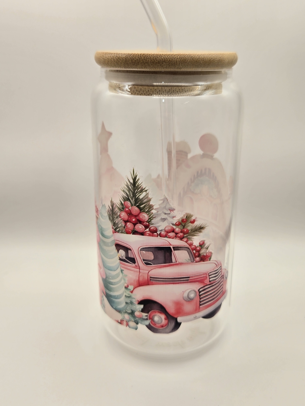 Glass Drink Bottle with Bamboo Lid — Pink & Mint Gingerbread House Design - Picture 3 of 4